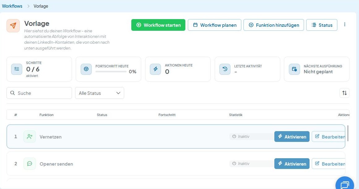 CompLeadly Oberfläche: Workflow mit „Aktivieren“ und „Workflow starten“ (Version 5.1.24)