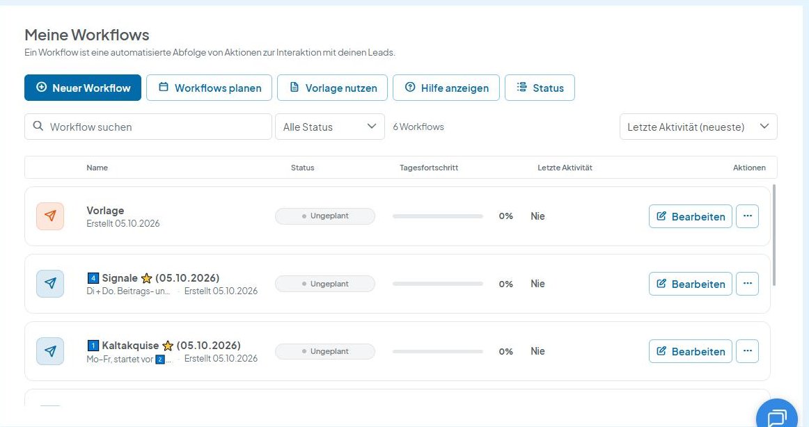 CompLeadly Oberfläche: Workflows-Übersicht mit „Neuer Workflow“ (Version 5.1.24)