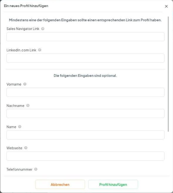CompLeadly Oberfläche: Zielgruppe – Dialog „Ein neues Profil hinzufügen“ (Version 5.1.24)