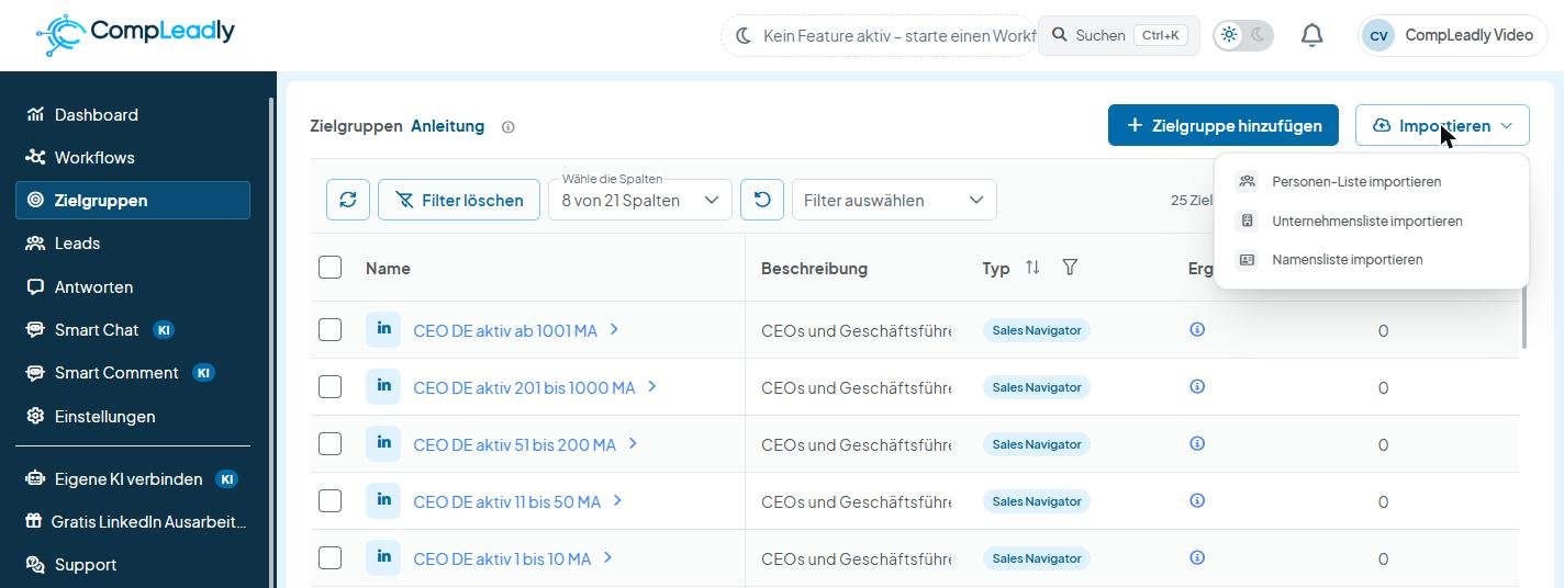 CompLeadly interface: Target audiences – Import menu (import people list, company list, name list) (version 5.1.24)