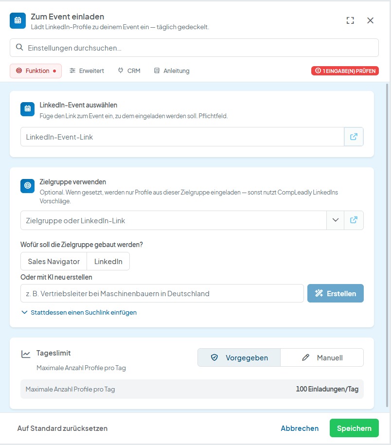CompLeadly Oberfläche: Funktionseinstellungen Zum Event einladen – Reiter Funktion (LinkedIn-Event auswählen, Zielgruppe verwenden, Tageslimit) (Version 5.1.27)