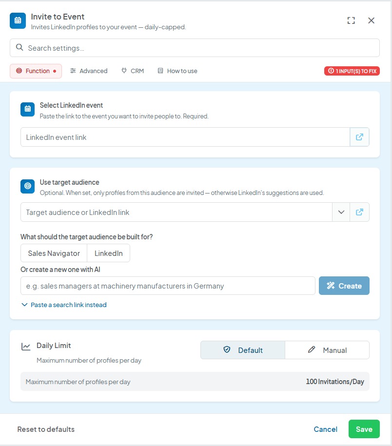 CompLeadly interface: Invite to Event feature settings – Function tab (Select LinkedIn event, Use target audience, Daily Limit) (Version 5.1.27)