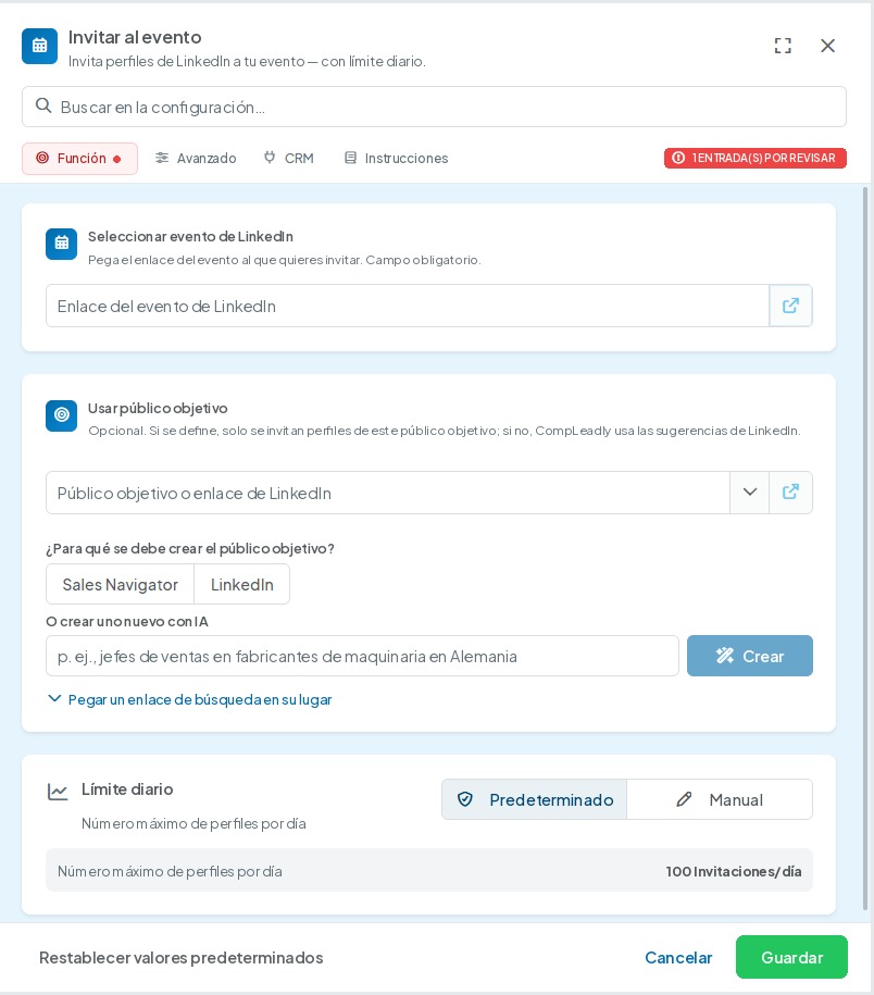 Interfaz de CompLeadly: ajustes de la función Invitar al evento – pestaña Función (seleccionar evento de LinkedIn, público objetivo, límite diario) (Versión 5.1.27)