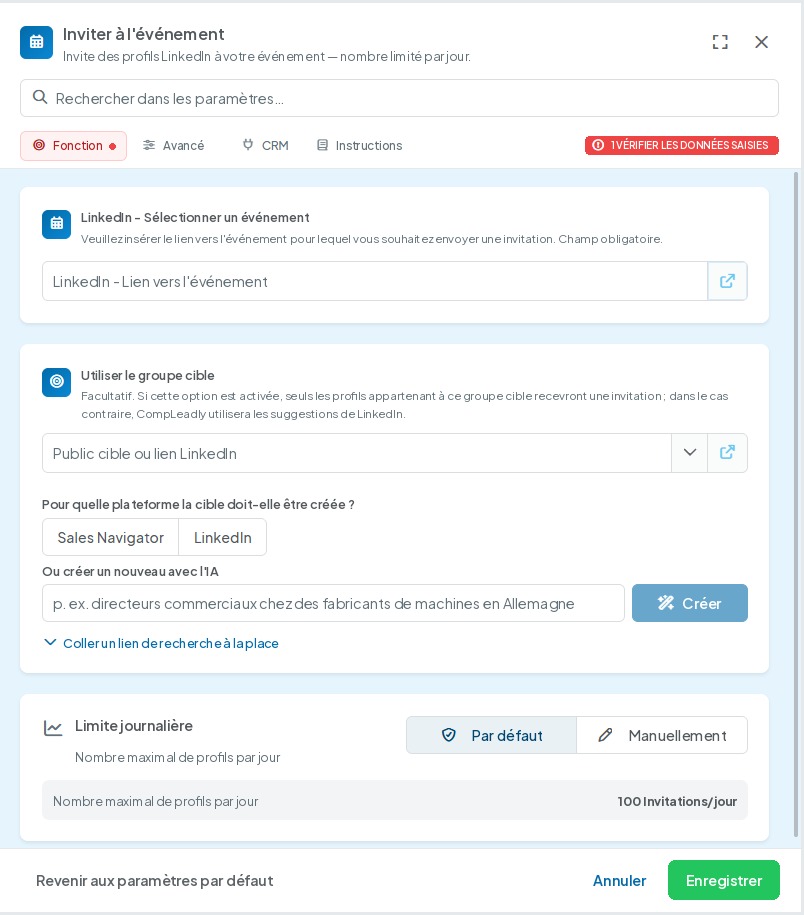 Interface CompLeadly : paramètres de la fonction Inviter à l'événement – onglet Fonction (sélectionner un événement LinkedIn, groupe cible, limite journalière) (Version 5.1.27)