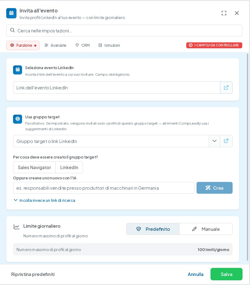 Interfaccia CompLeadly: impostazioni della funzione Invita all'evento – scheda Funzione (seleziona evento LinkedIn, gruppo target, limite giornaliero) (Versione 5.1.27)