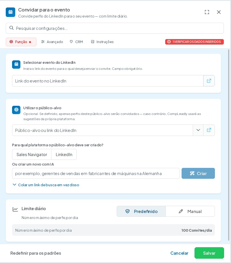 Interface do CompLeadly: configurações da função Convidar para o evento – aba Função (selecionar evento do LinkedIn, público-alvo, limite diário) (Versão 5.1.27)