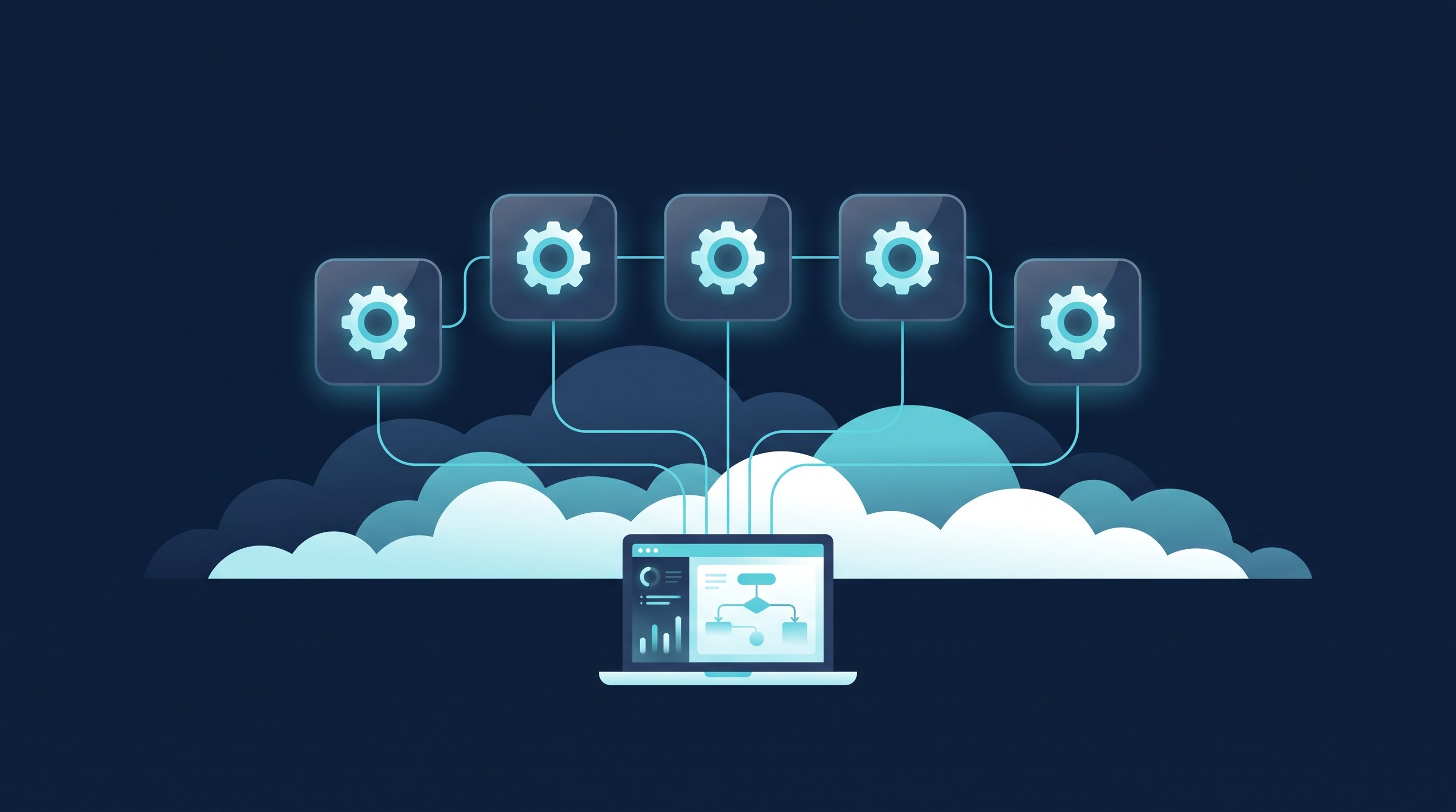 Eine Reihe kleiner, halbtransparenter Automations-Module schwebt über einer Wolkenschicht und ist über cyanfarbene Linien mit einem Laptop verbunden, als Bild für Automationen aus der Cloud, in Navy und Cyan