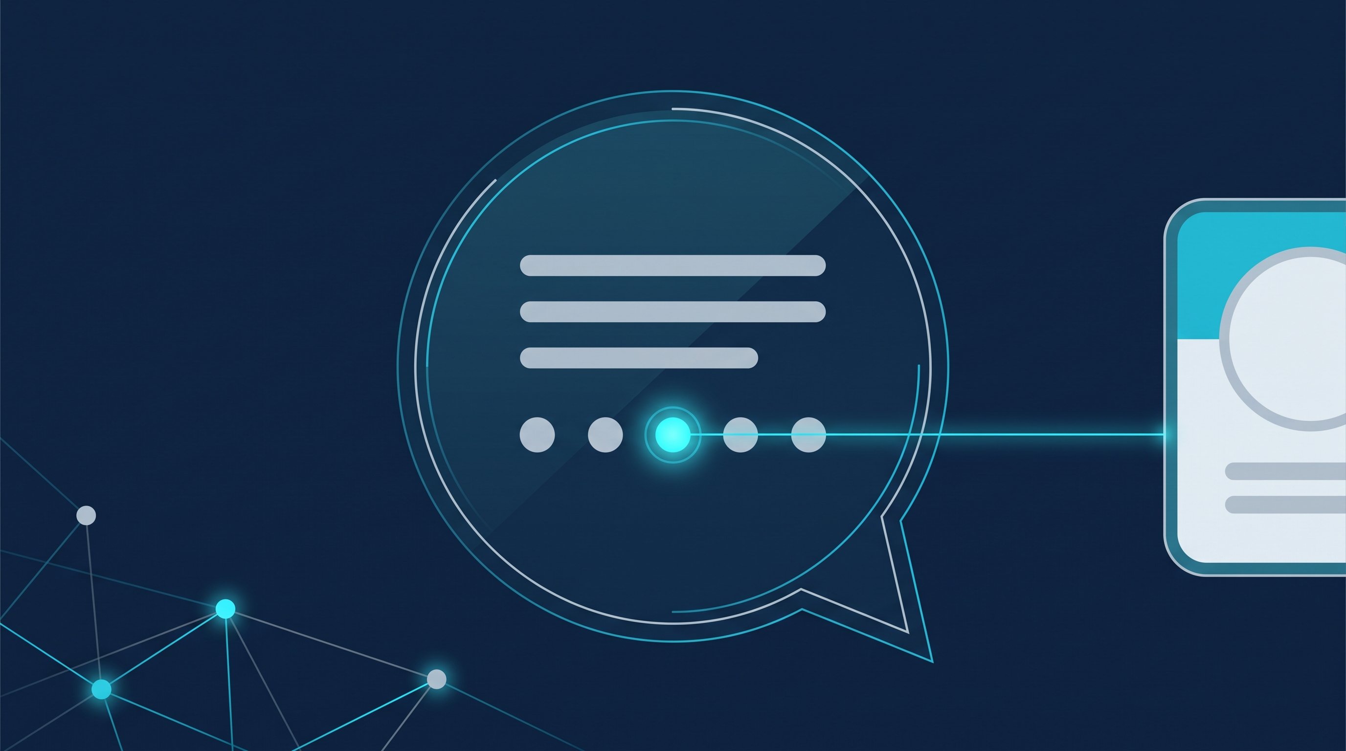 Illustration zu Generative Engine Optimization: Eine KI-Antwort als Sprechblase mit Quellenpunkten, einer davon führt zu einer Profilkarte in einem Netzwerk
