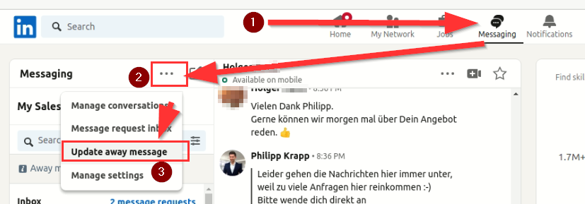 LinkedIn: Messaging → „…“ → „Update away message“ (Kontaktdaten verpixelt)