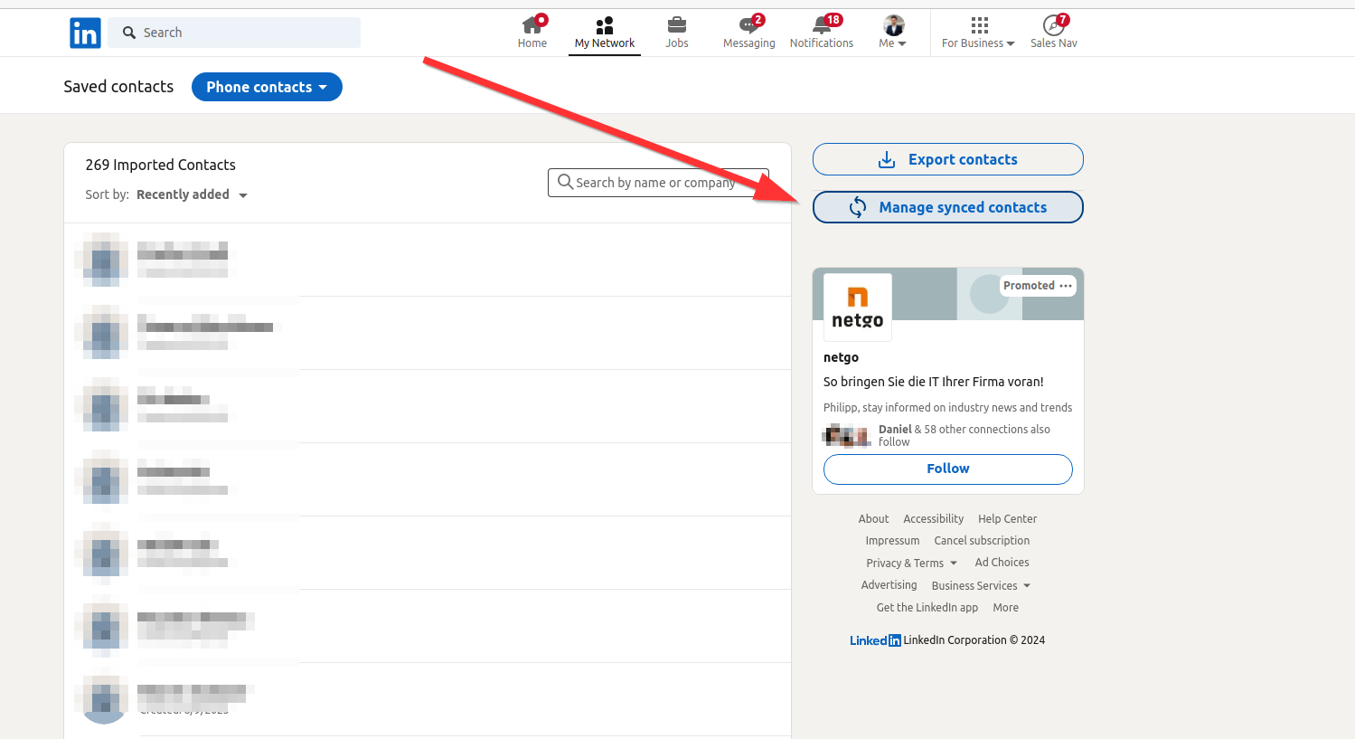 LinkedIn: Saved contacts → „Manage synced contacts“ (Profilbilder verpixelt)