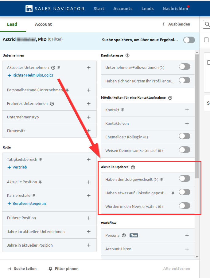 Sales Navigator: Lead-Filter, Bereich „Aktuelle Updates“ (Nachname verpixelt)